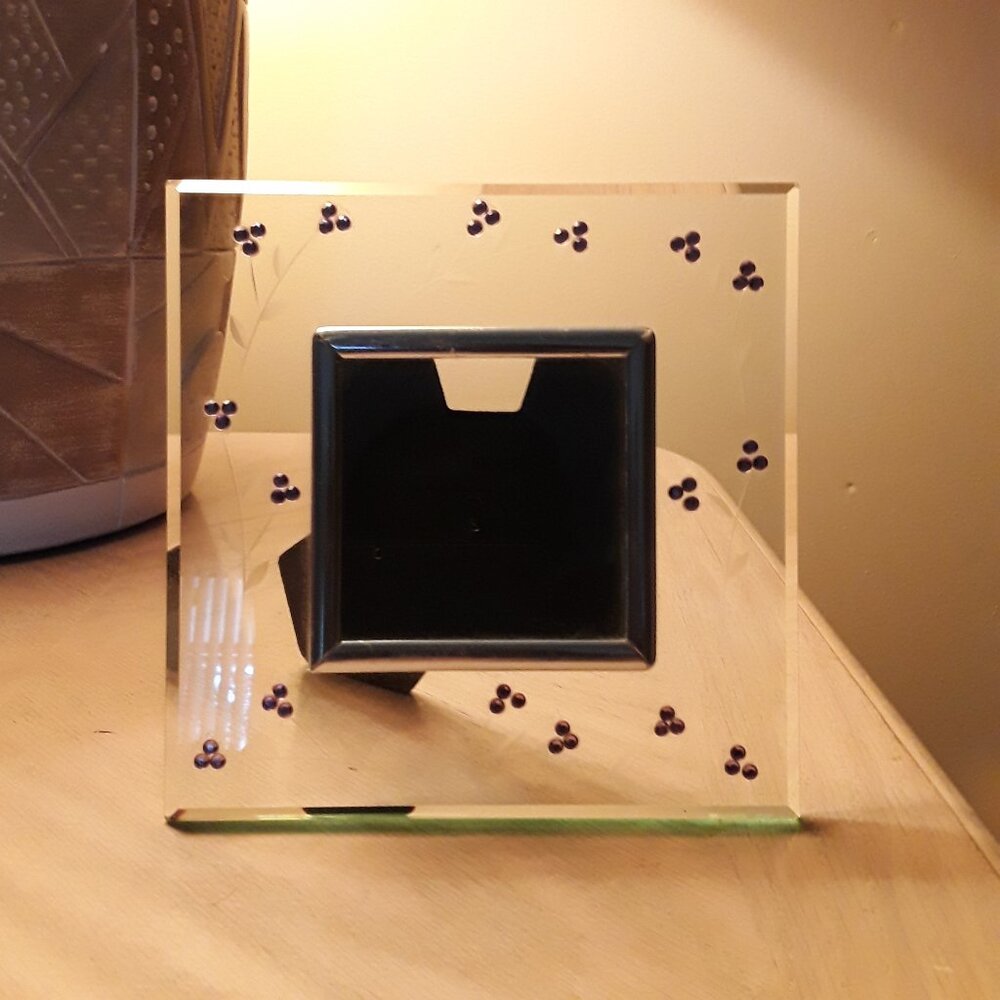 Glass beveled picture frame with purple flowers design, 2.75" x 2.75" pic space
